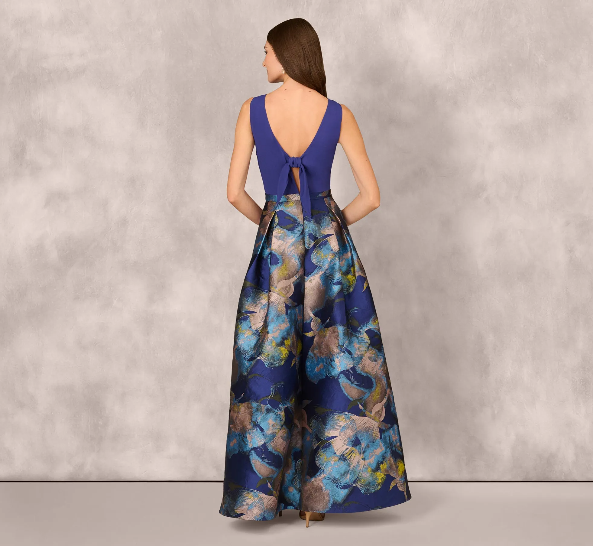 Sleeveless Floral Jacquard Combo Ballgown In Blue Yellow Multi