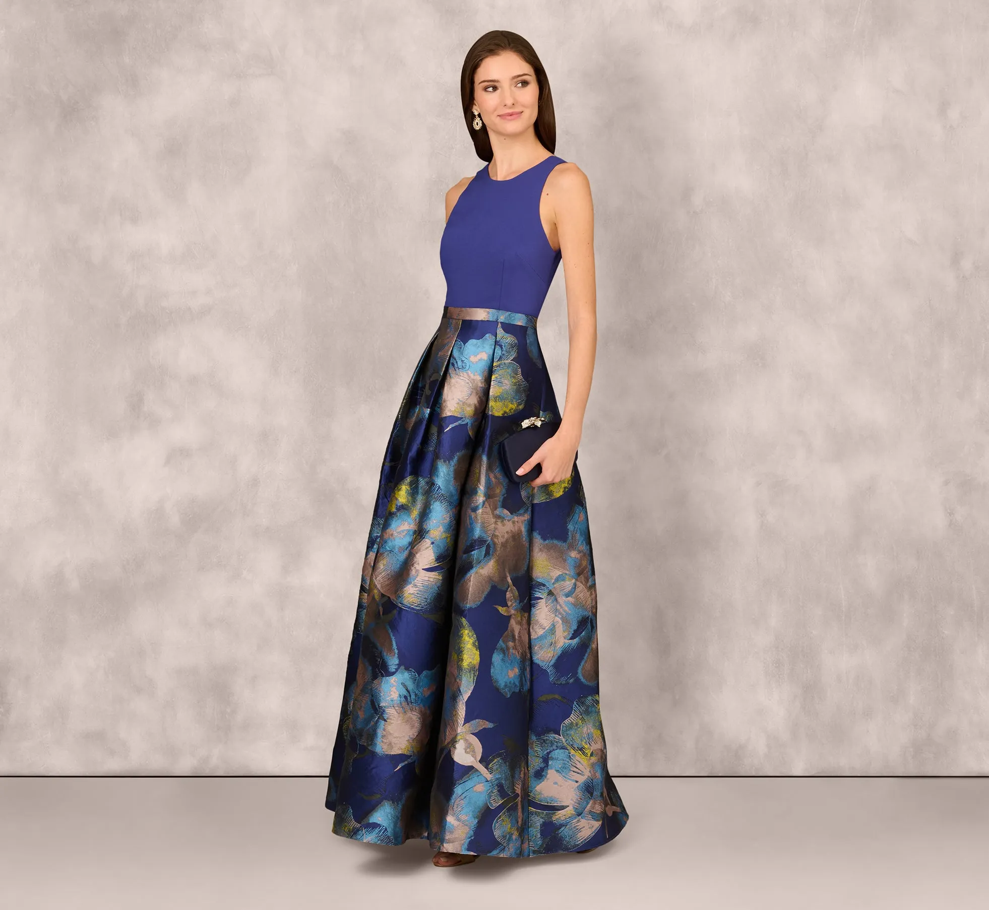 Sleeveless Floral Jacquard Combo Ballgown In Blue Yellow Multi