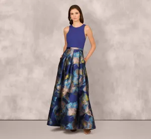 Sleeveless Floral Jacquard Combo Ballgown In Blue Yellow Multi