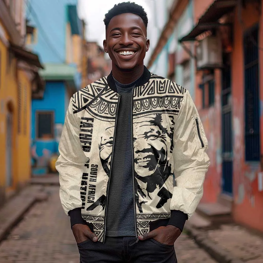 South Africa Nelson Mandela - Father Of Nation Sleeve Zip Bomber Jacket Vintage African Pattern LT14