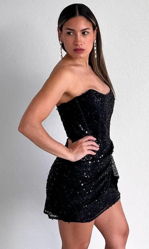 Spice Things Up Black Sequins Corset Mini Dress