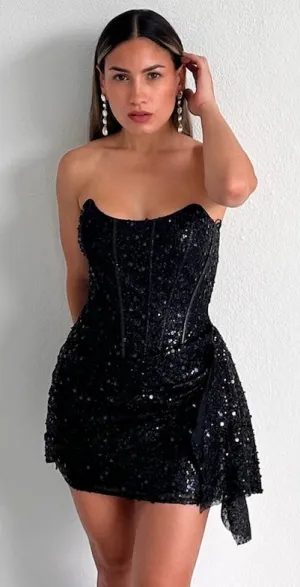 Spice Things Up Black Sequins Corset Mini Dress