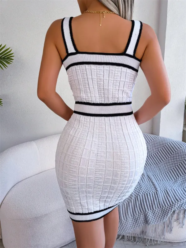 Square Collar Knit Mini Dress with Button Detail and Color Block