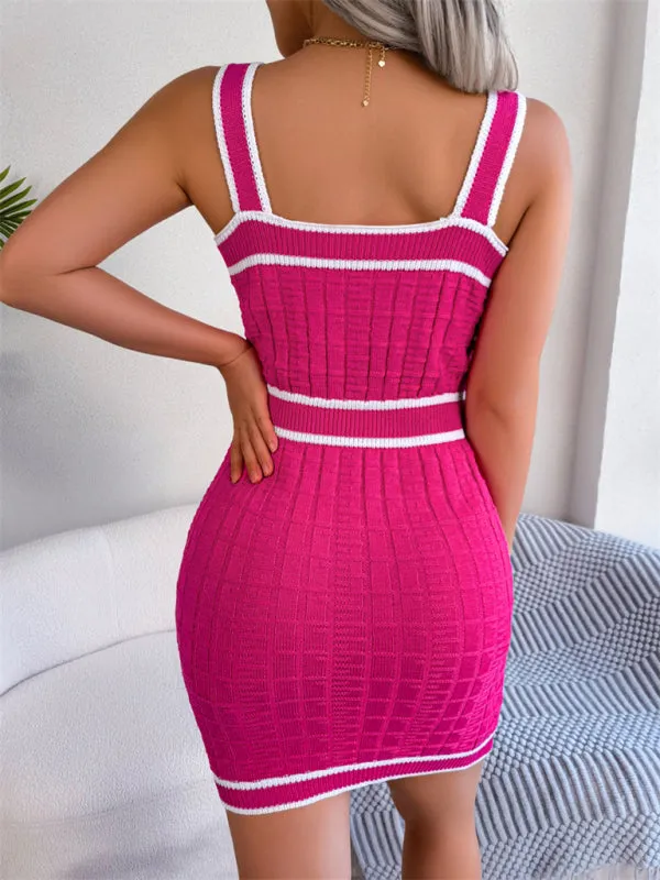 Square Collar Knit Mini Dress with Button Detail and Color Block