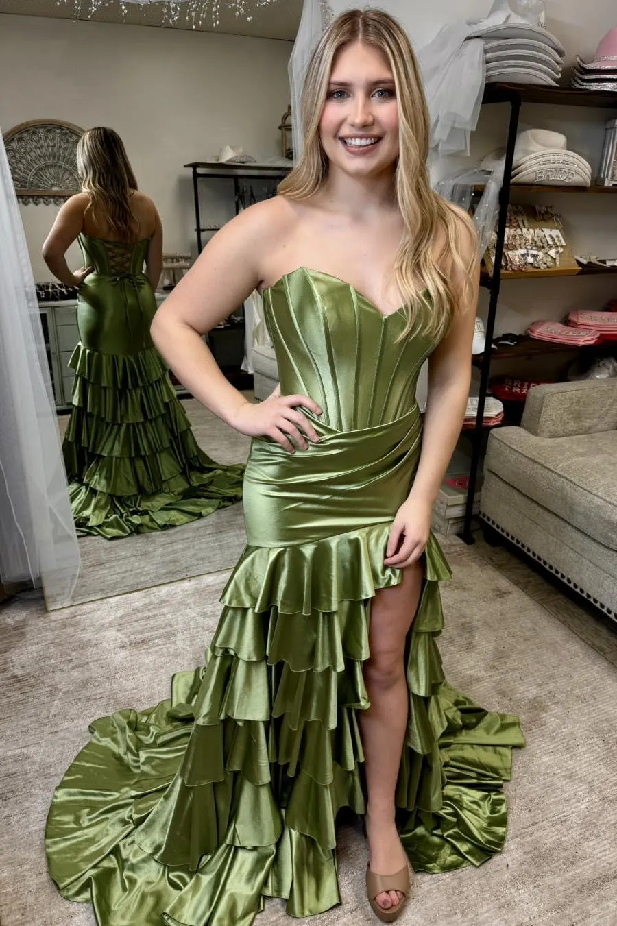 Strapless Green Satin Fitted Ruffle Prom Dress