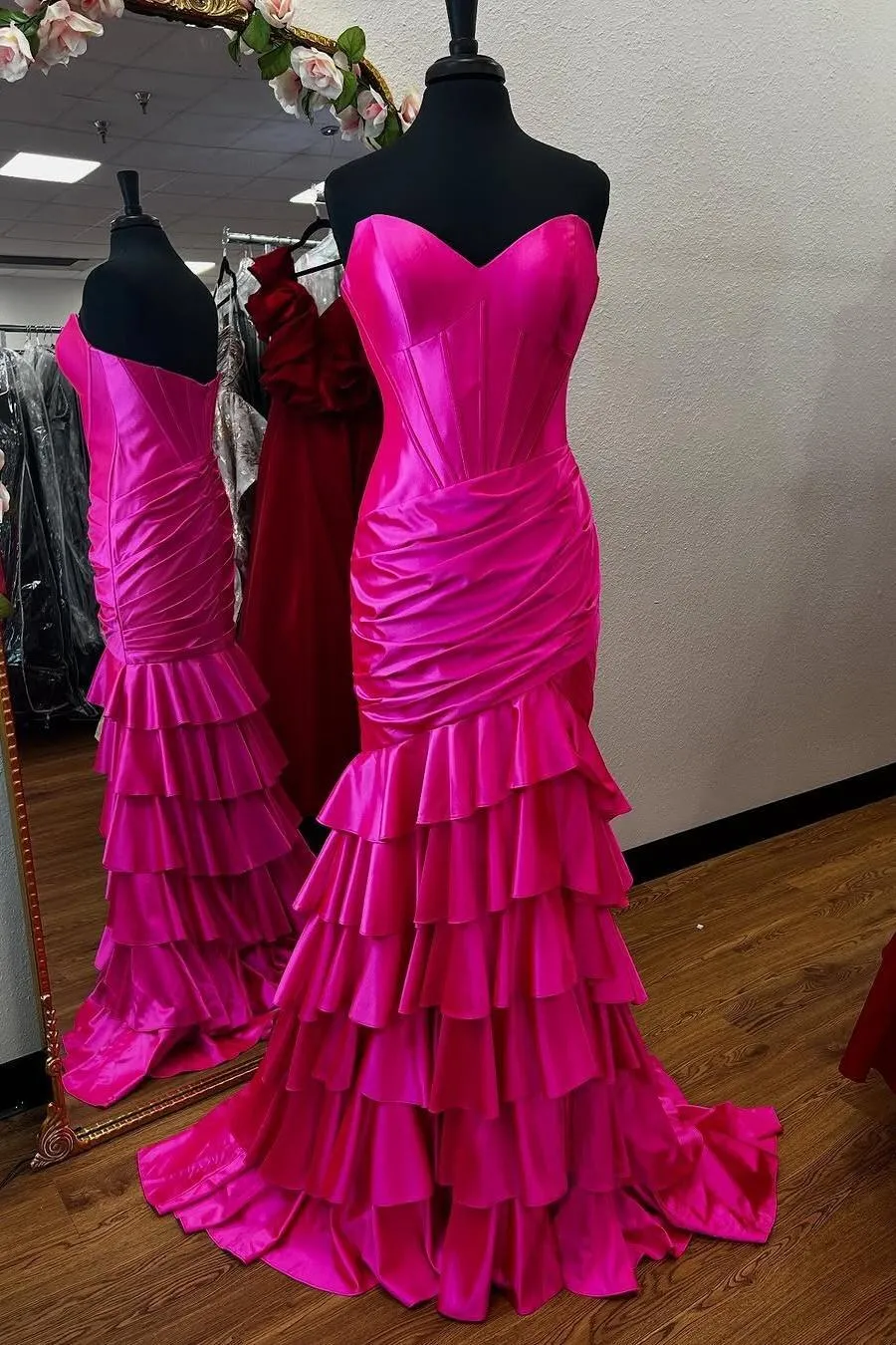 Strapless Green Satin Fitted Ruffle Prom Dress