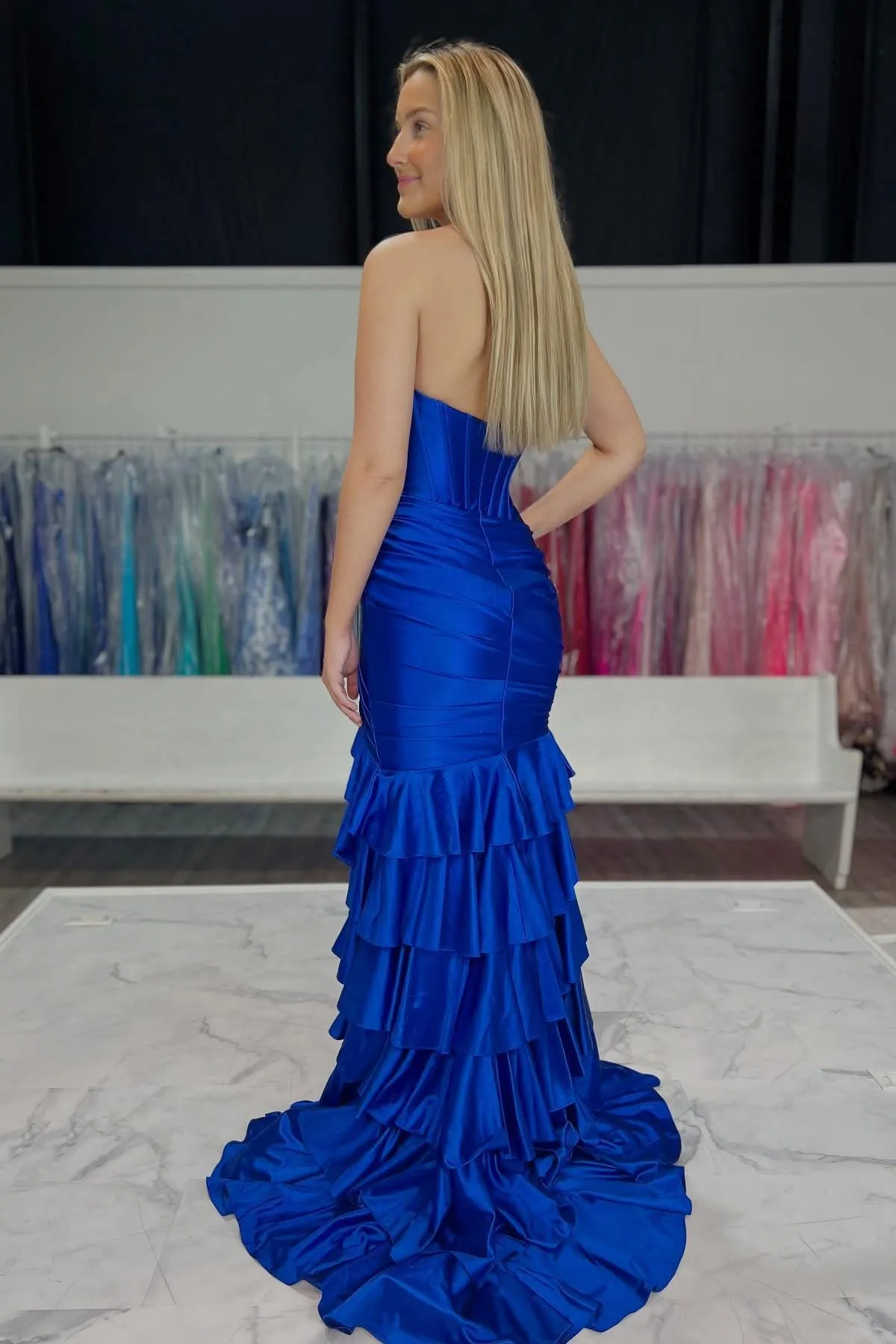 Strapless Green Satin Fitted Ruffle Prom Dress