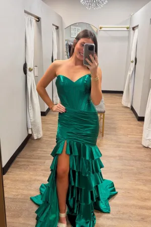 Strapless Green Satin Fitted Ruffle Prom Dress