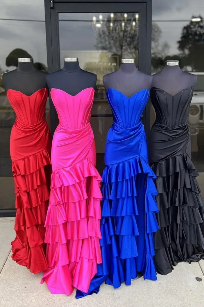 Strapless Green Satin Fitted Ruffle Prom Dress