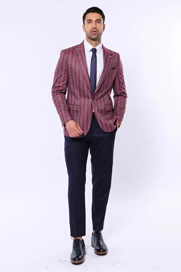 Striped Slim Fit Single Button Burgundy Men Blazer - Wessi