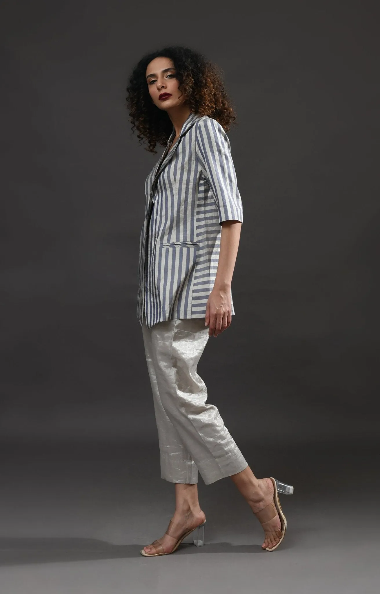 Striped Tissue Blazer Co-Ord (Set of 2)- Silver and Blue