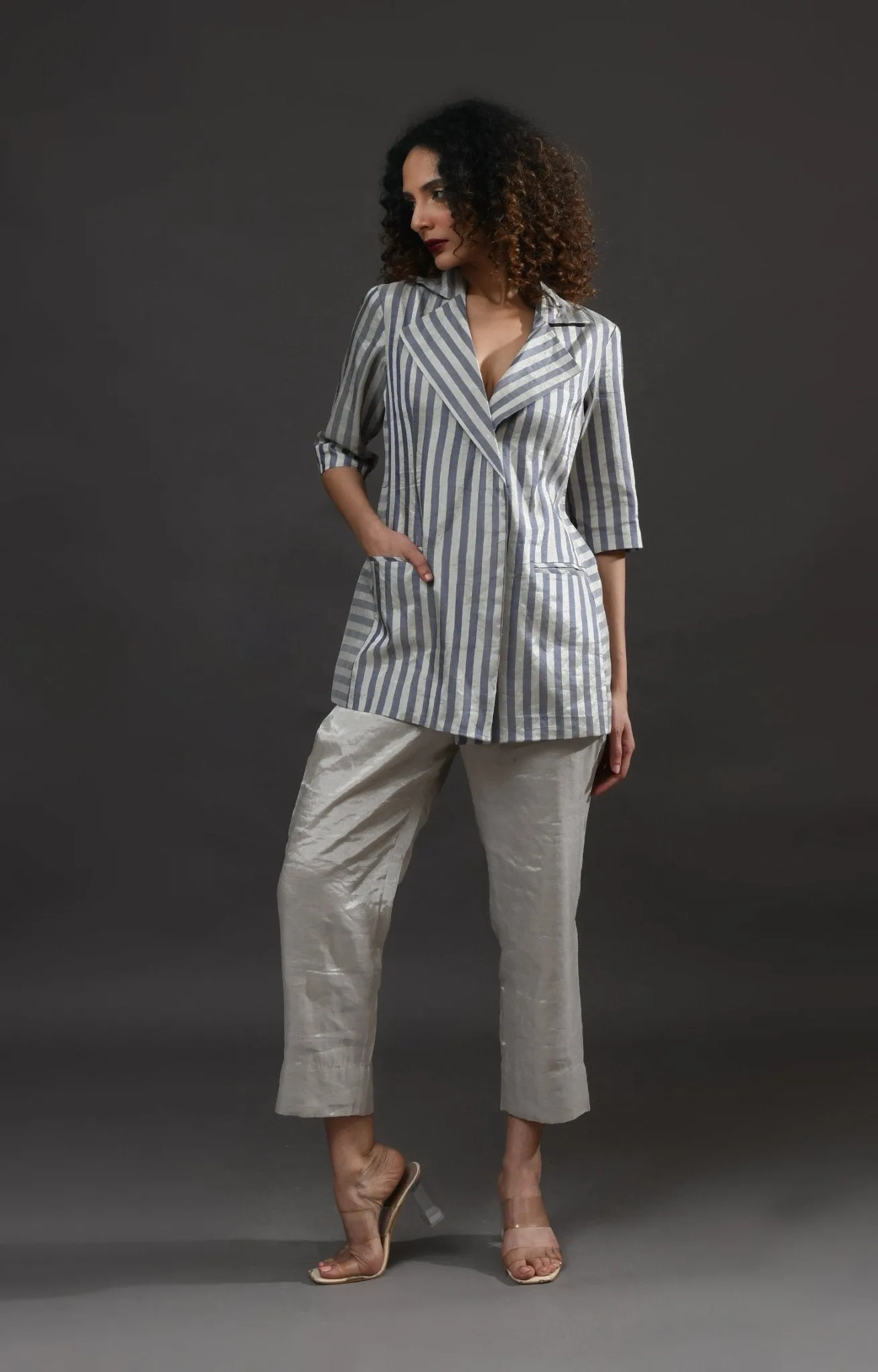 Striped Tissue Blazer Co-Ord (Set of 2)- Silver and Blue