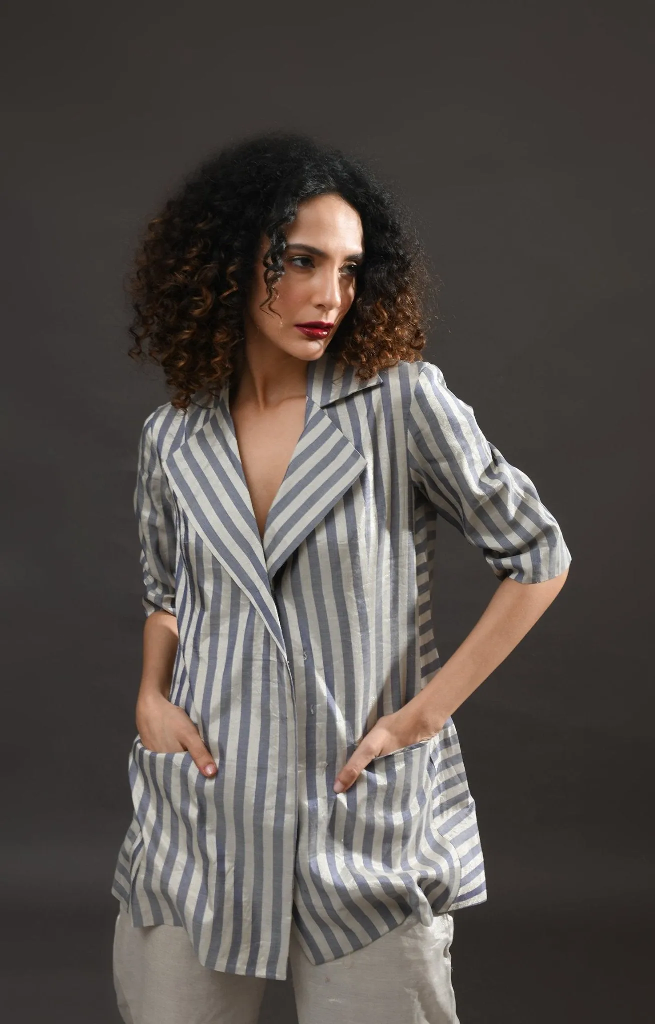 Striped Tissue Blazer Co-Ord (Set of 2)- Silver and Blue