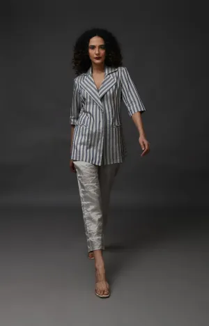 Striped Tissue Blazer Co-Ord (Set of 2)- Silver and Blue