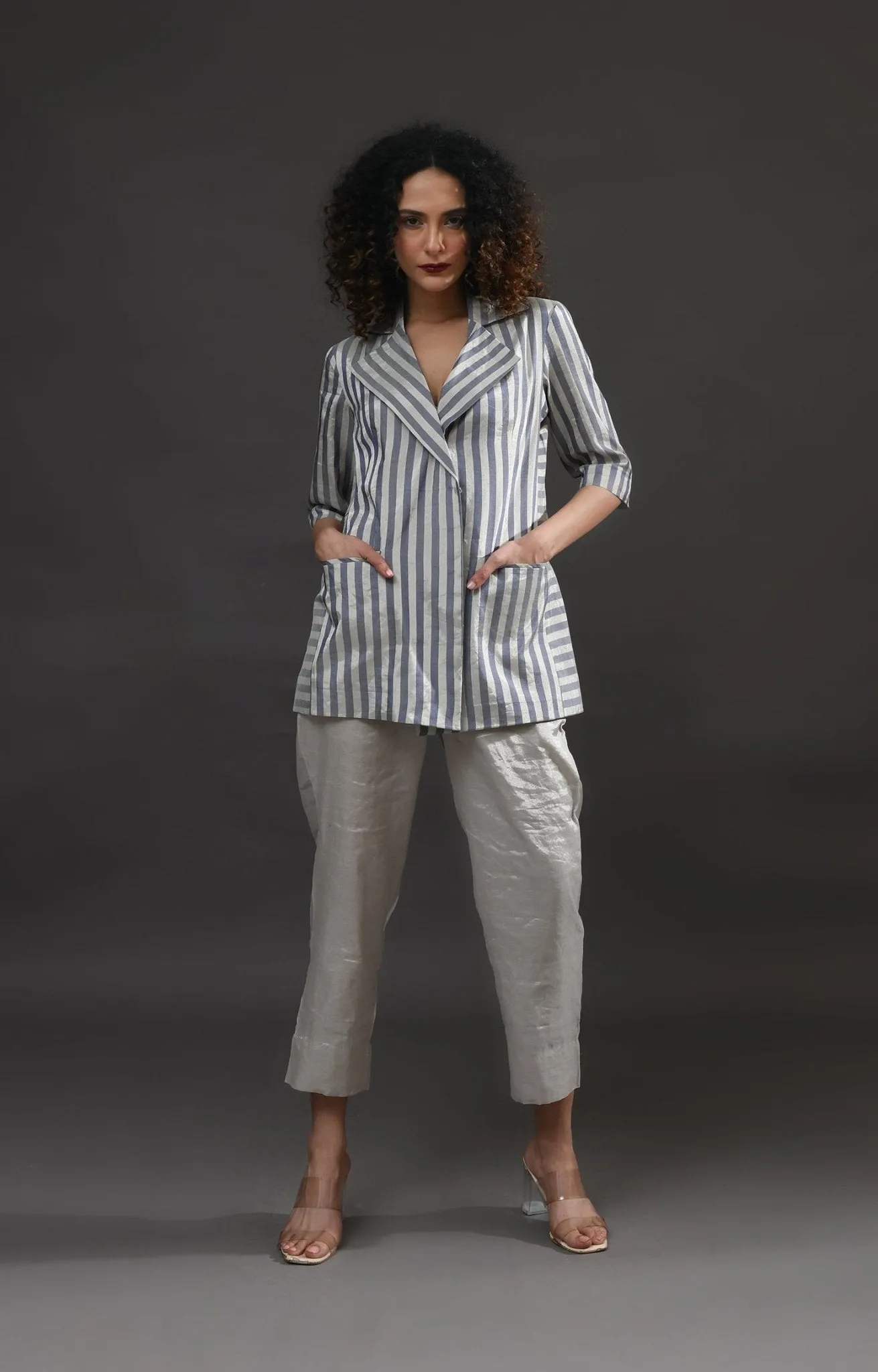 Striped Tissue Blazer Co-Ord (Set of 2)- Silver and Blue
