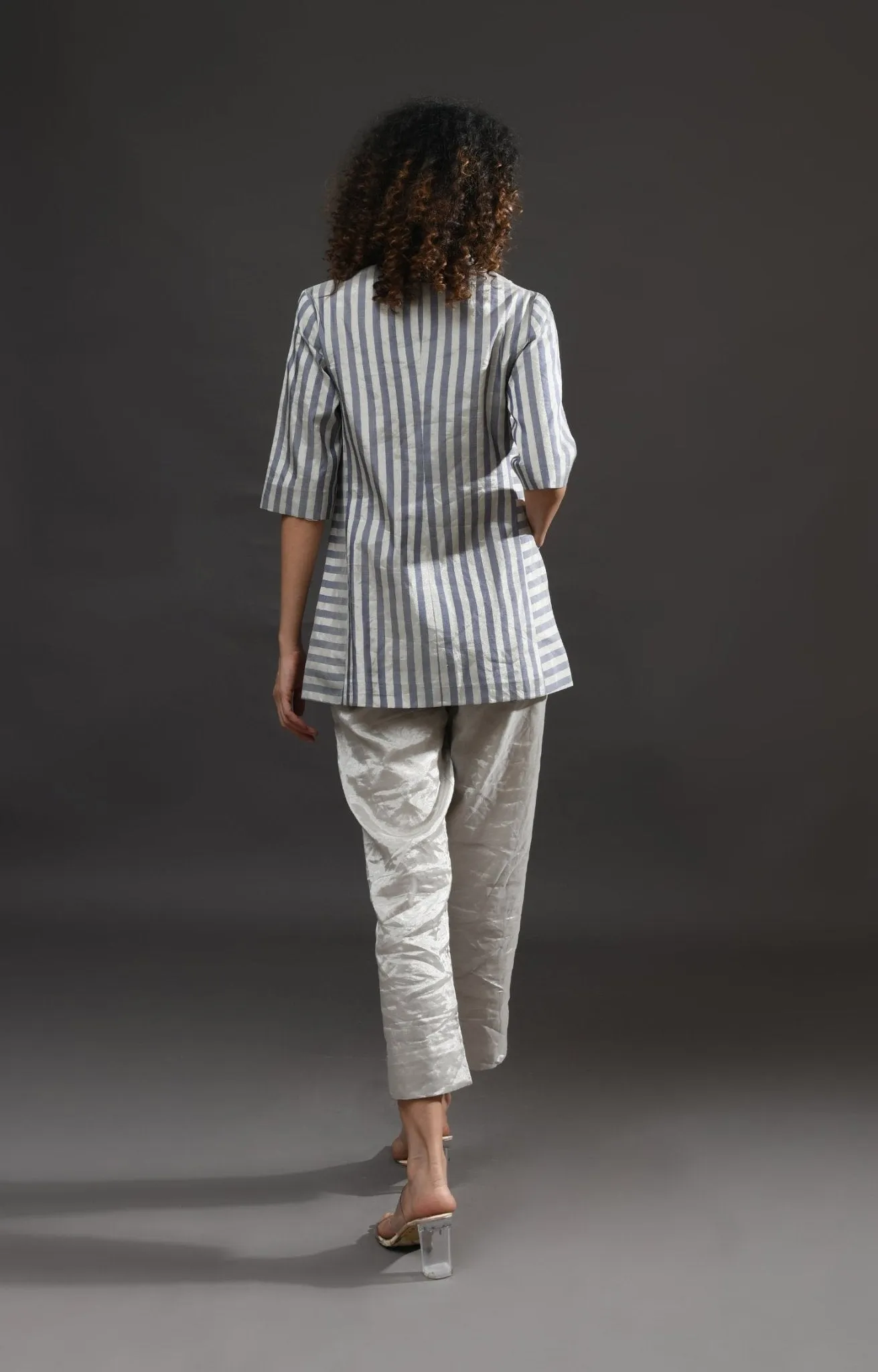 Striped Tissue Blazer Co-Ord (Set of 2)- Silver and Blue
