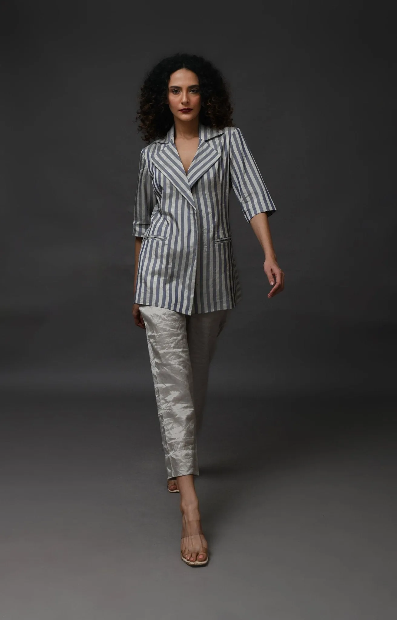 Striped Tissue Blazer Co-Ord (Set of 2)- Silver and Blue