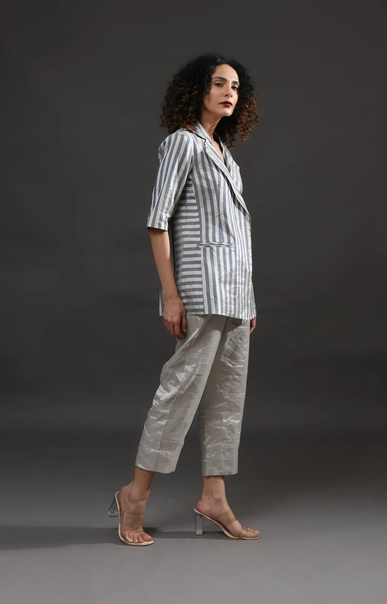 Striped Tissue Blazer Co-Ord (Set of 2)- Silver and Blue