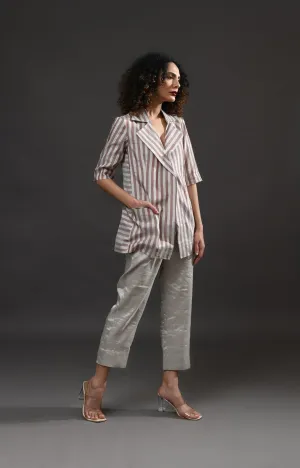 Striped Tissue Blazer Co-ord (Set of 2 )- Silver and Pink