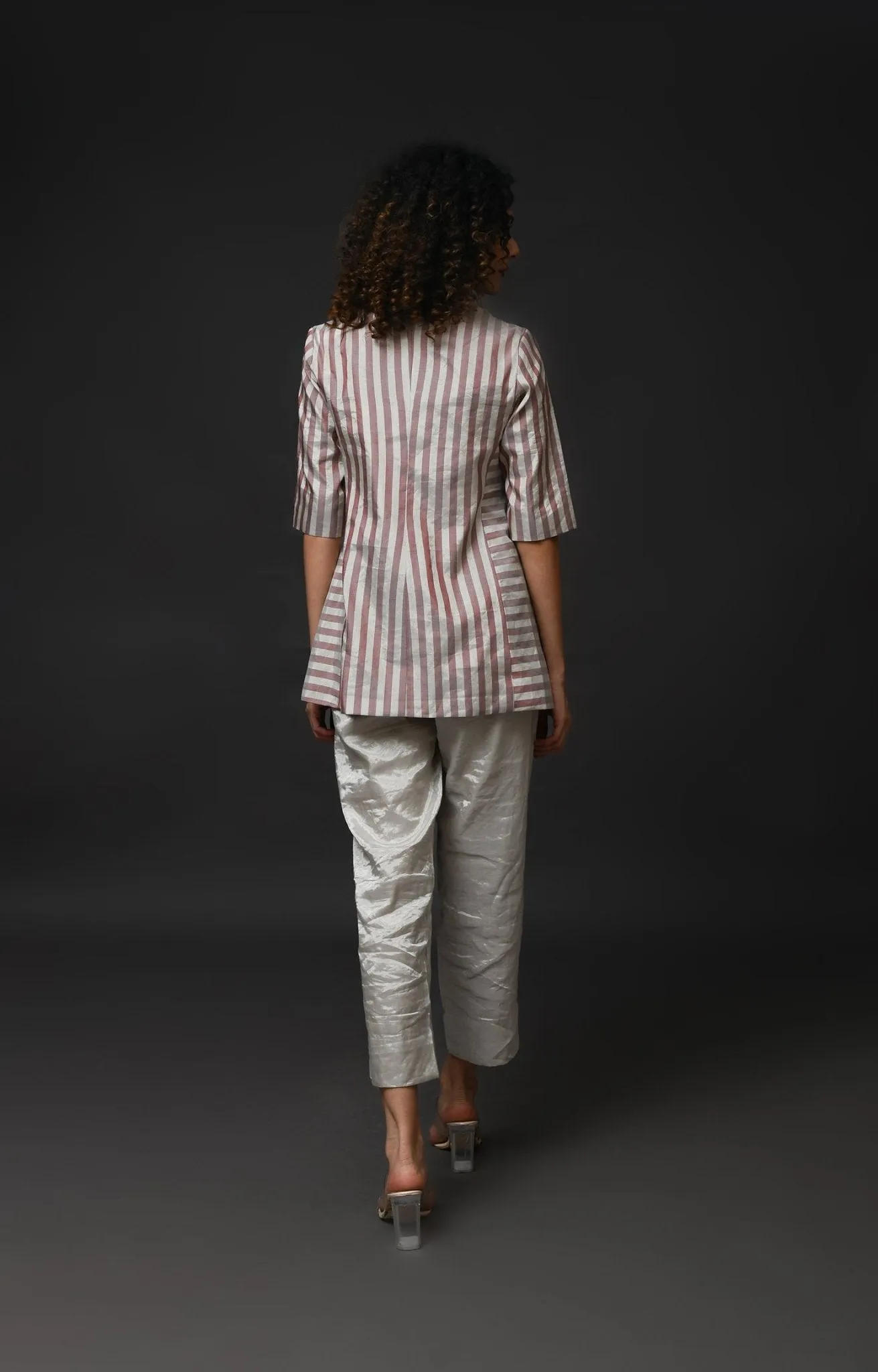 Striped Tissue Blazer Co-ord (Set of 2 )- Silver and Pink
