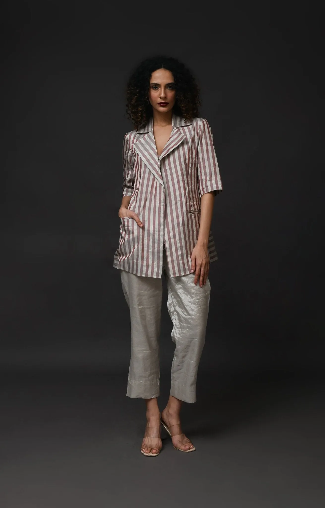 Striped Tissue Blazer Co-ord (Set of 2 )- Silver and Pink