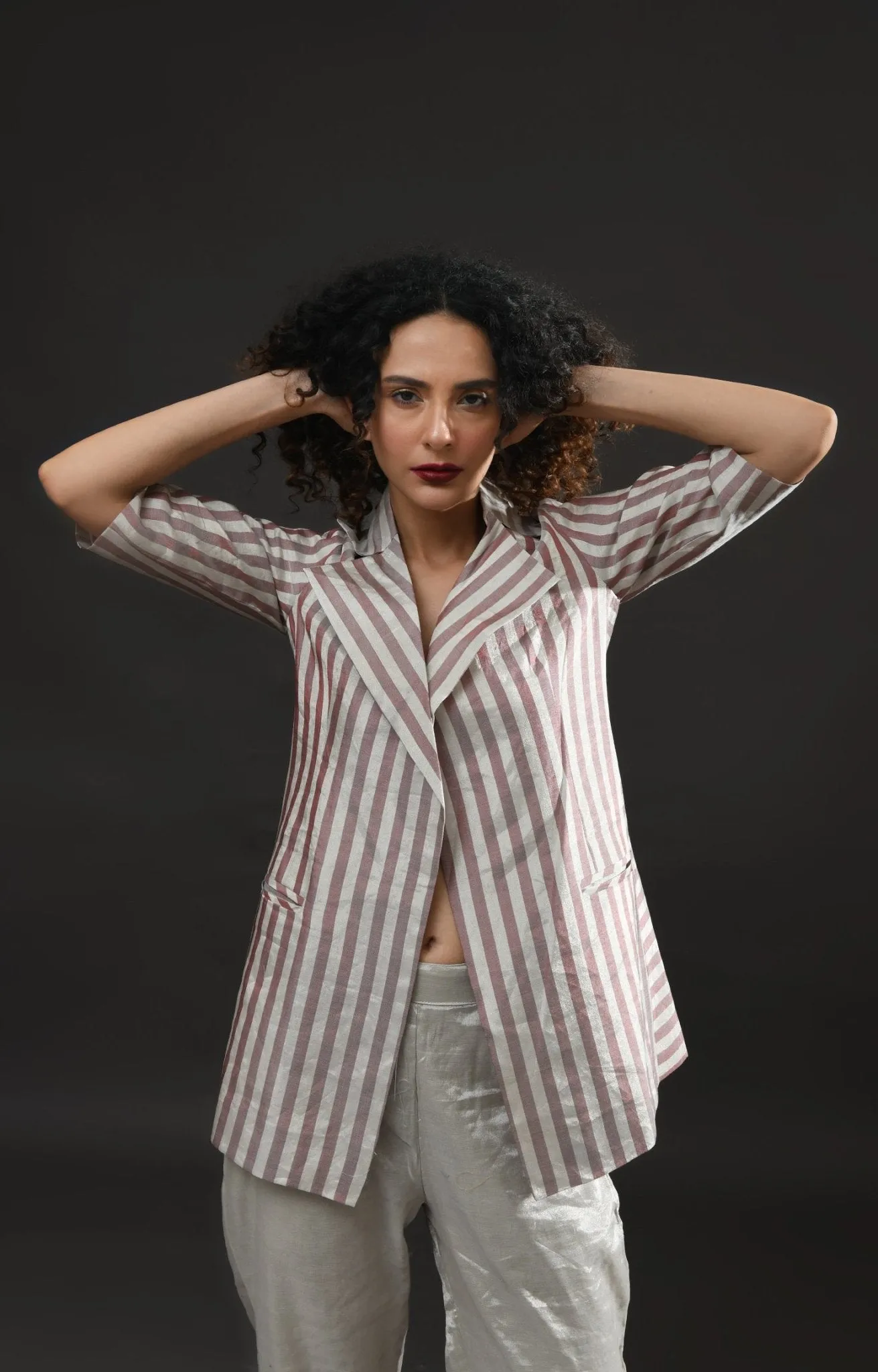 Striped Tissue Blazer Co-ord (Set of 2 )- Silver and Pink