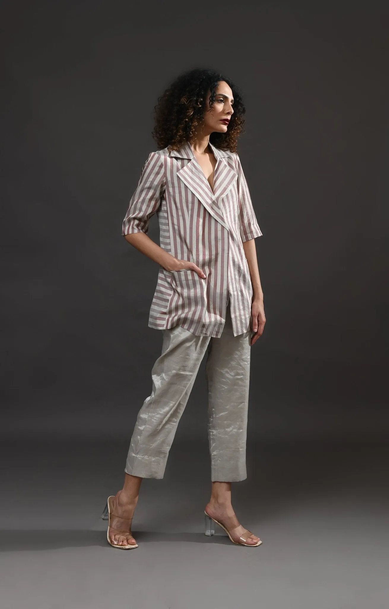 Striped Tissue Blazer Co-ord (Set of 2 )- Silver and Pink