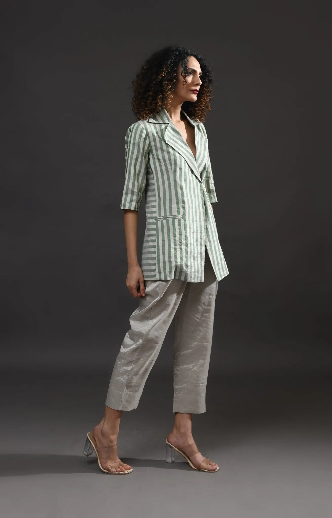 Striped Tissue Blazer - Silver and Green