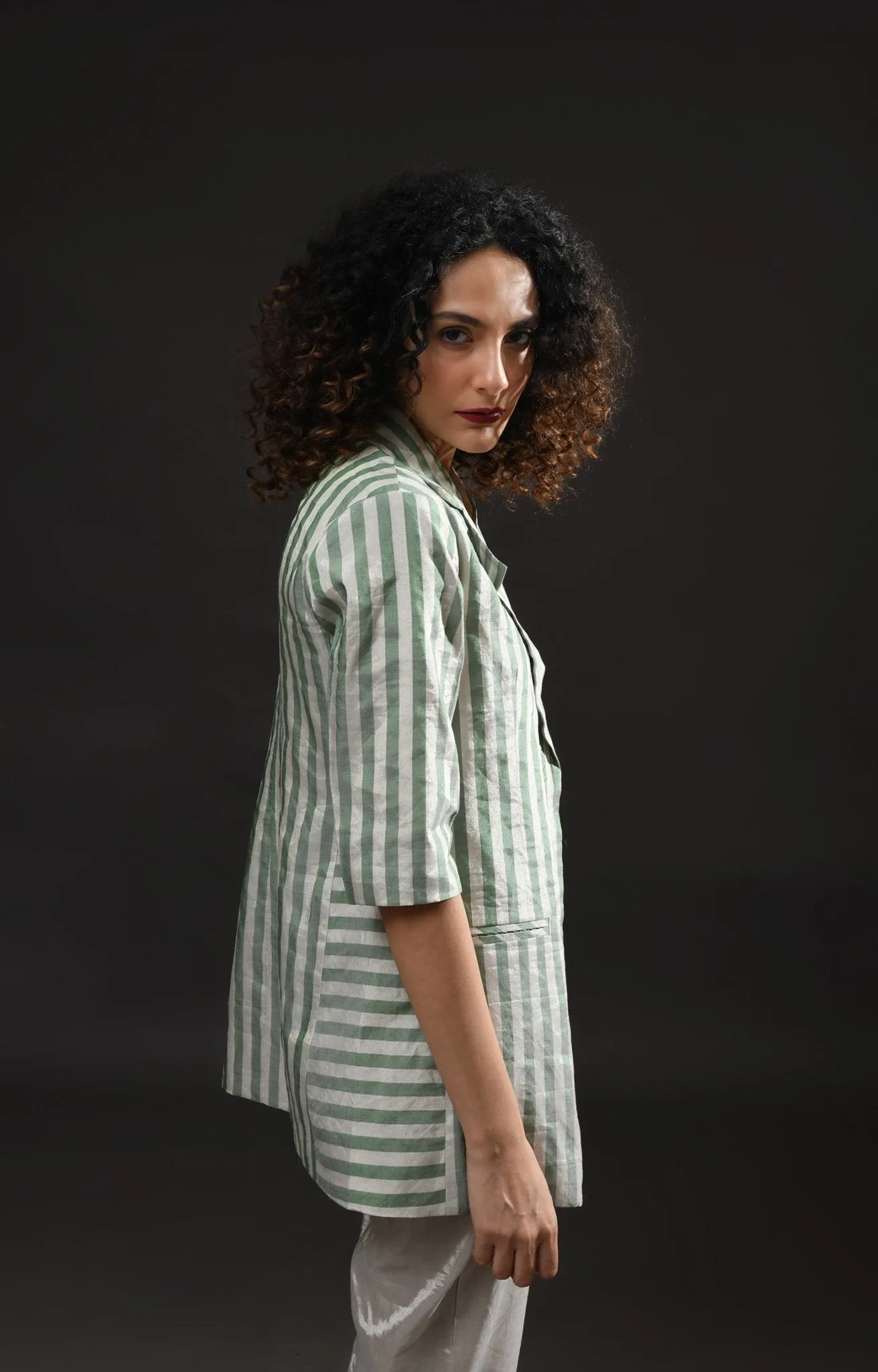 Striped Tissue Blazer - Silver and Green