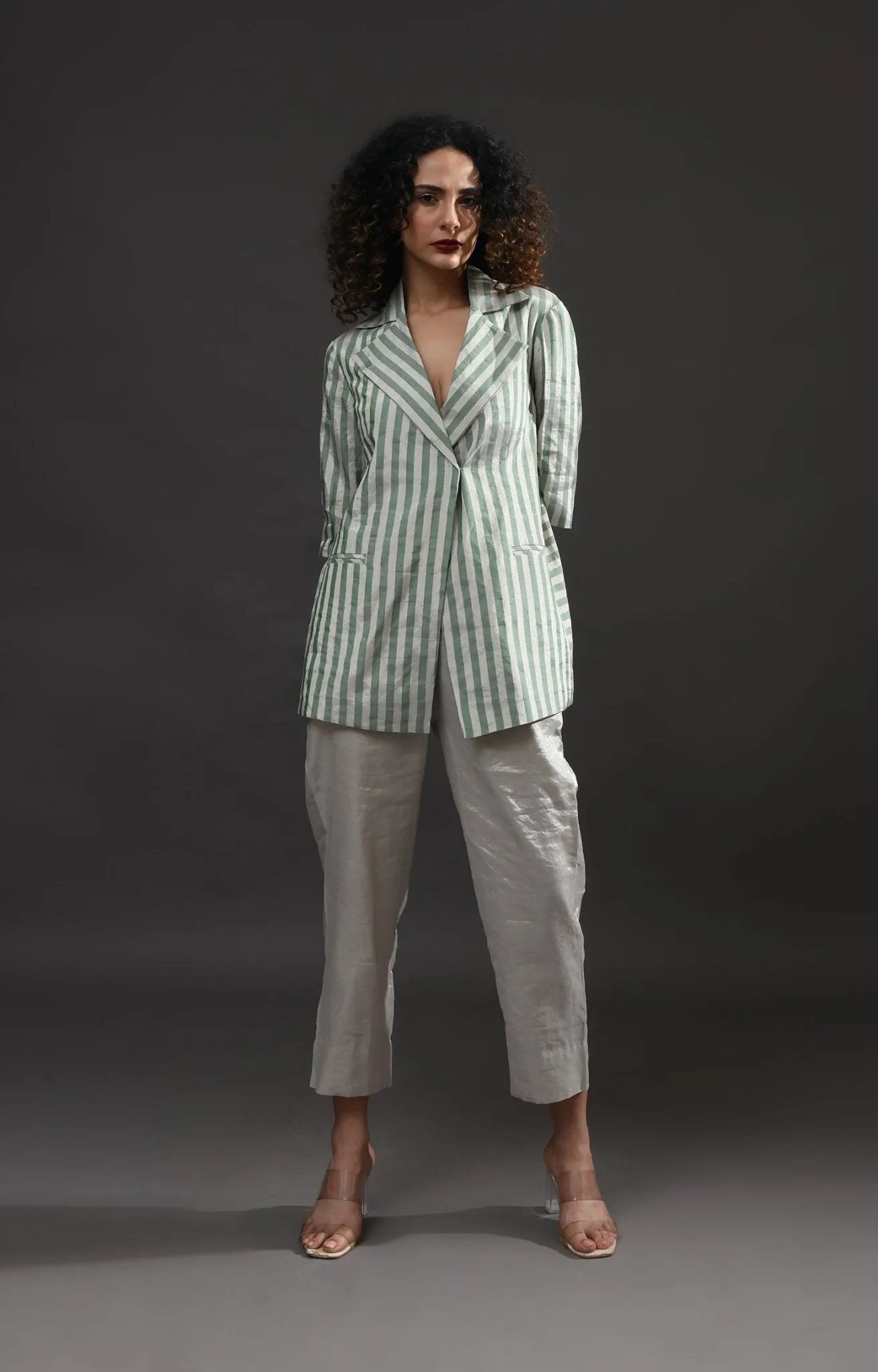 Striped Tissue Blazer - Silver and Green