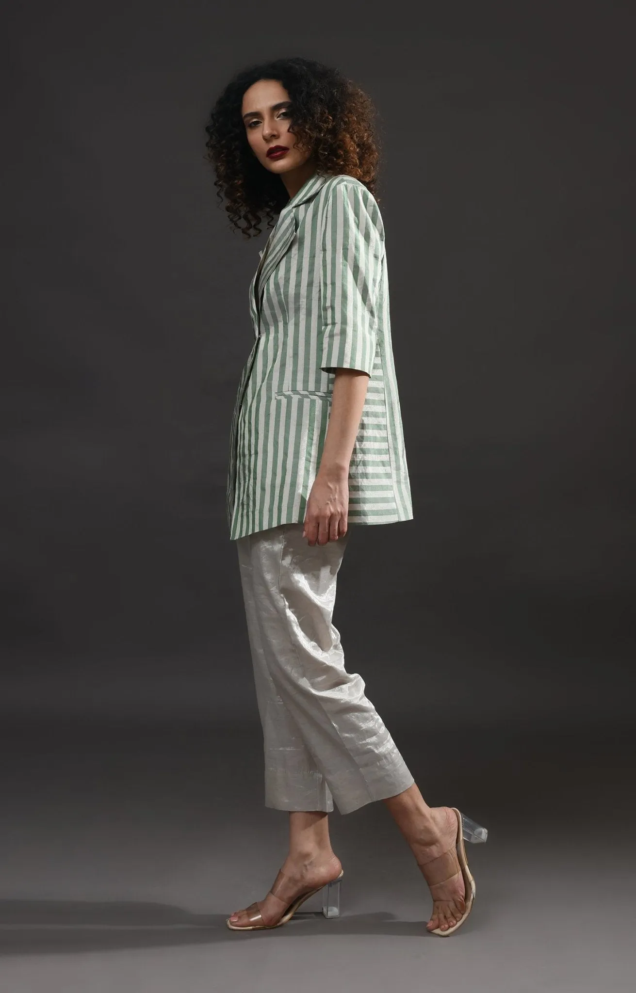 Striped Tissue Blazer - Silver and Green