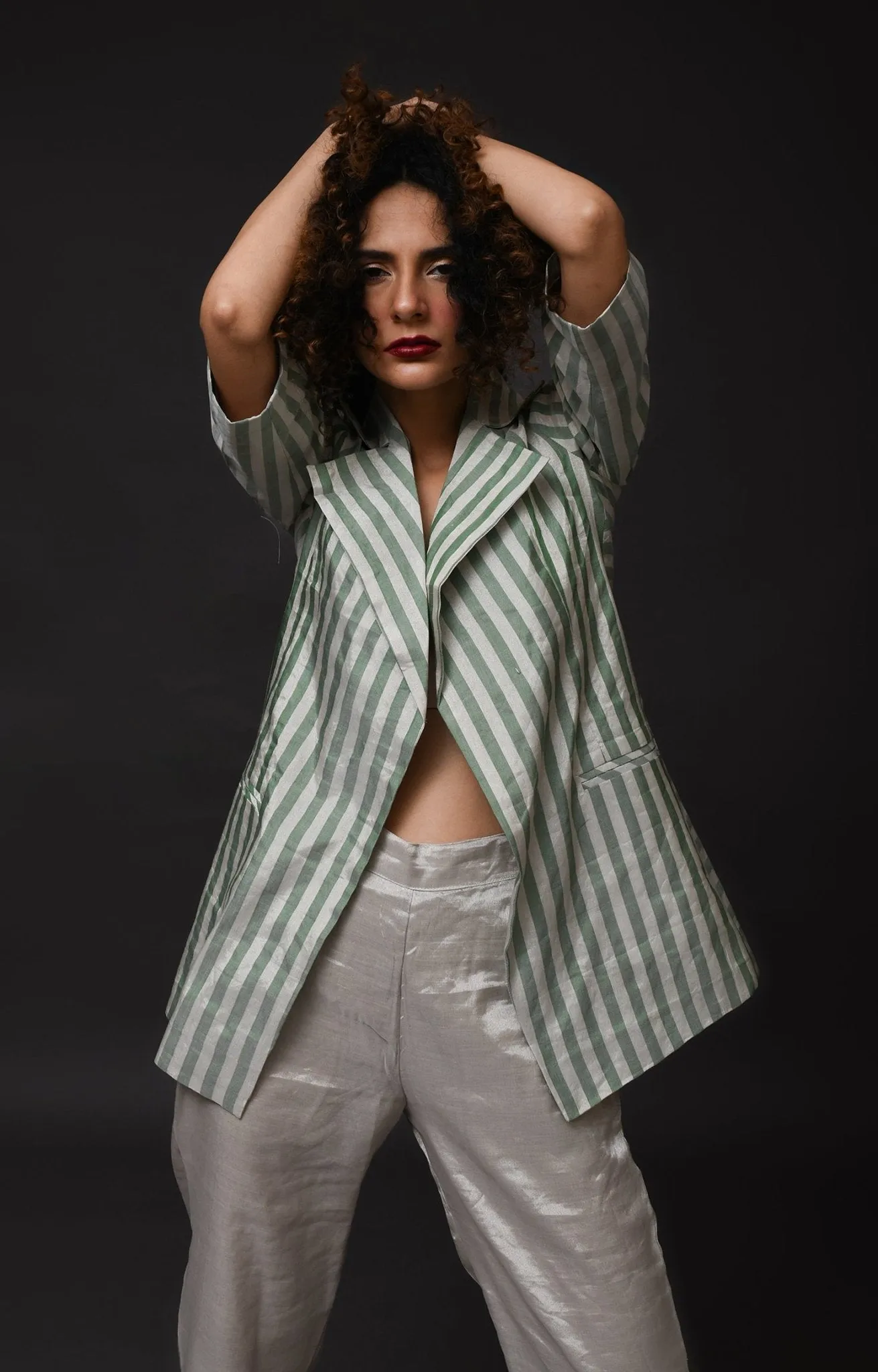 Striped Tissue Blazer - Silver and Green
