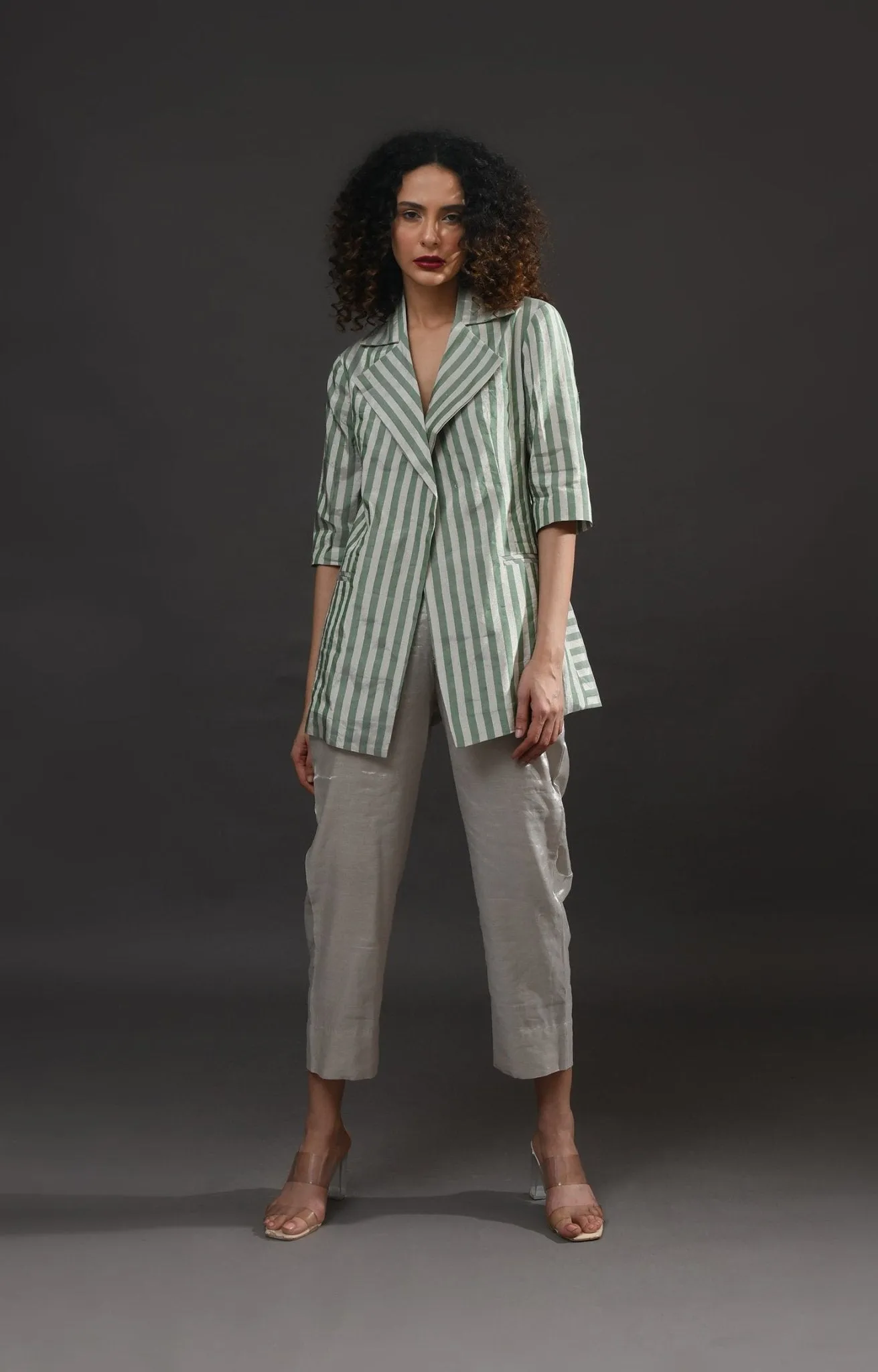 Striped Tissue Blazer - Silver and Green