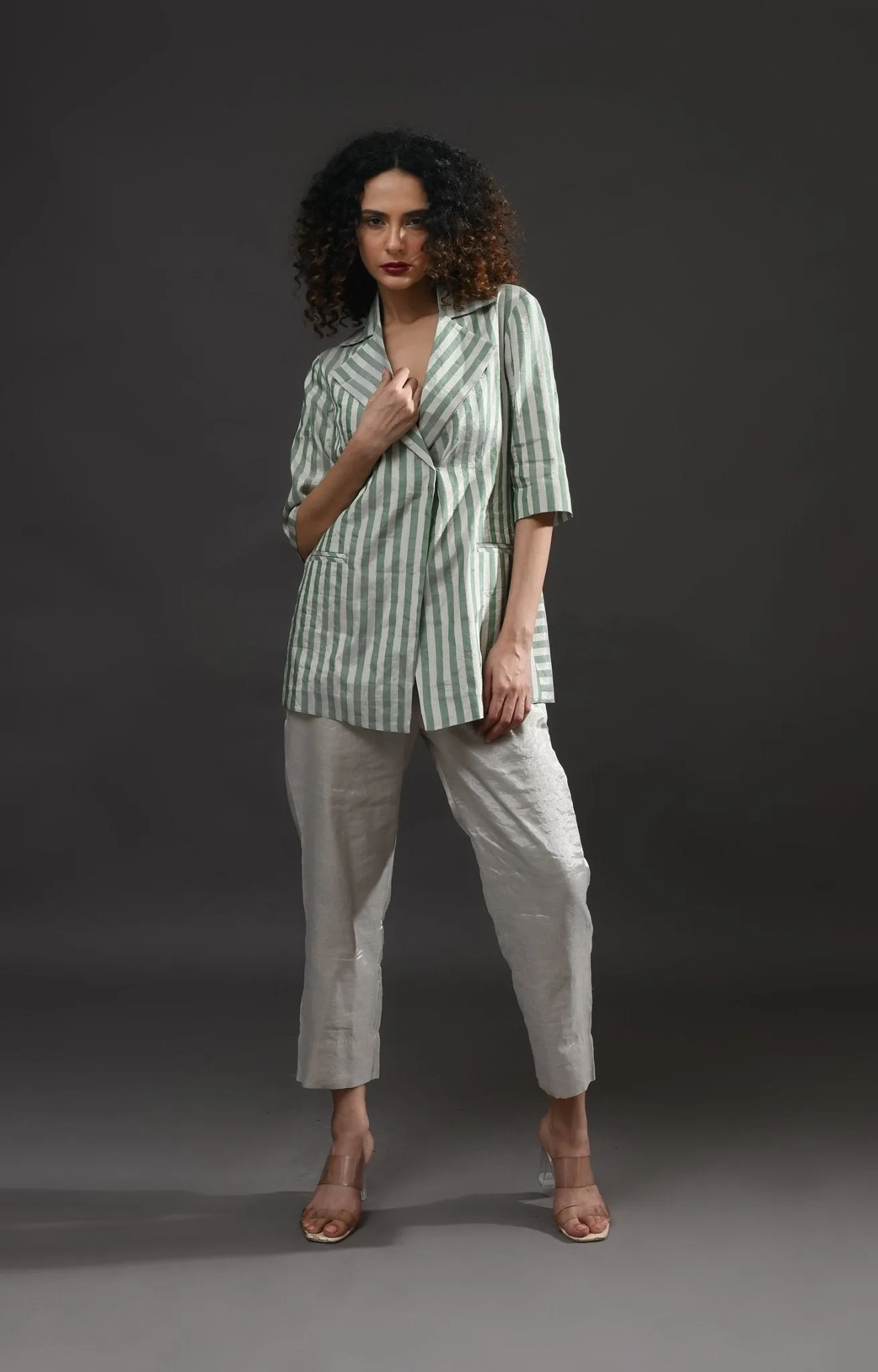 Striped Tissue Blazer - Silver and Green