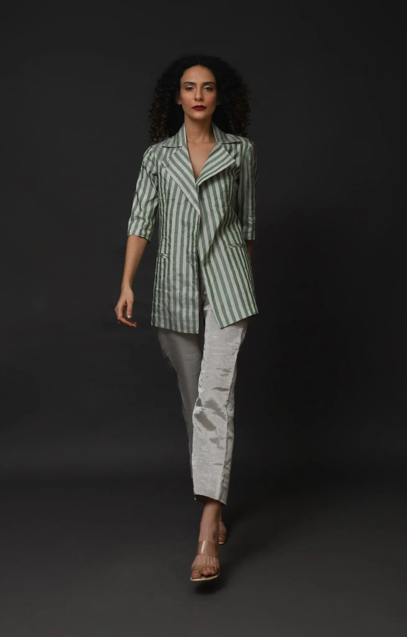 Striped Tissue Blazer - Silver and Green