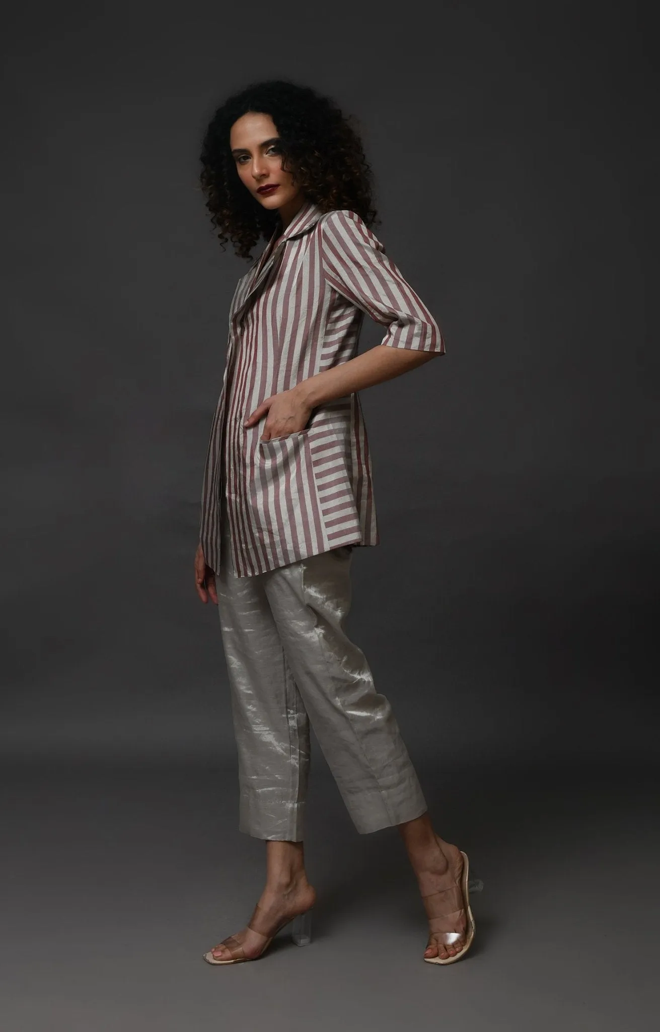 Striped Tissue Blazer - Silver and Pink