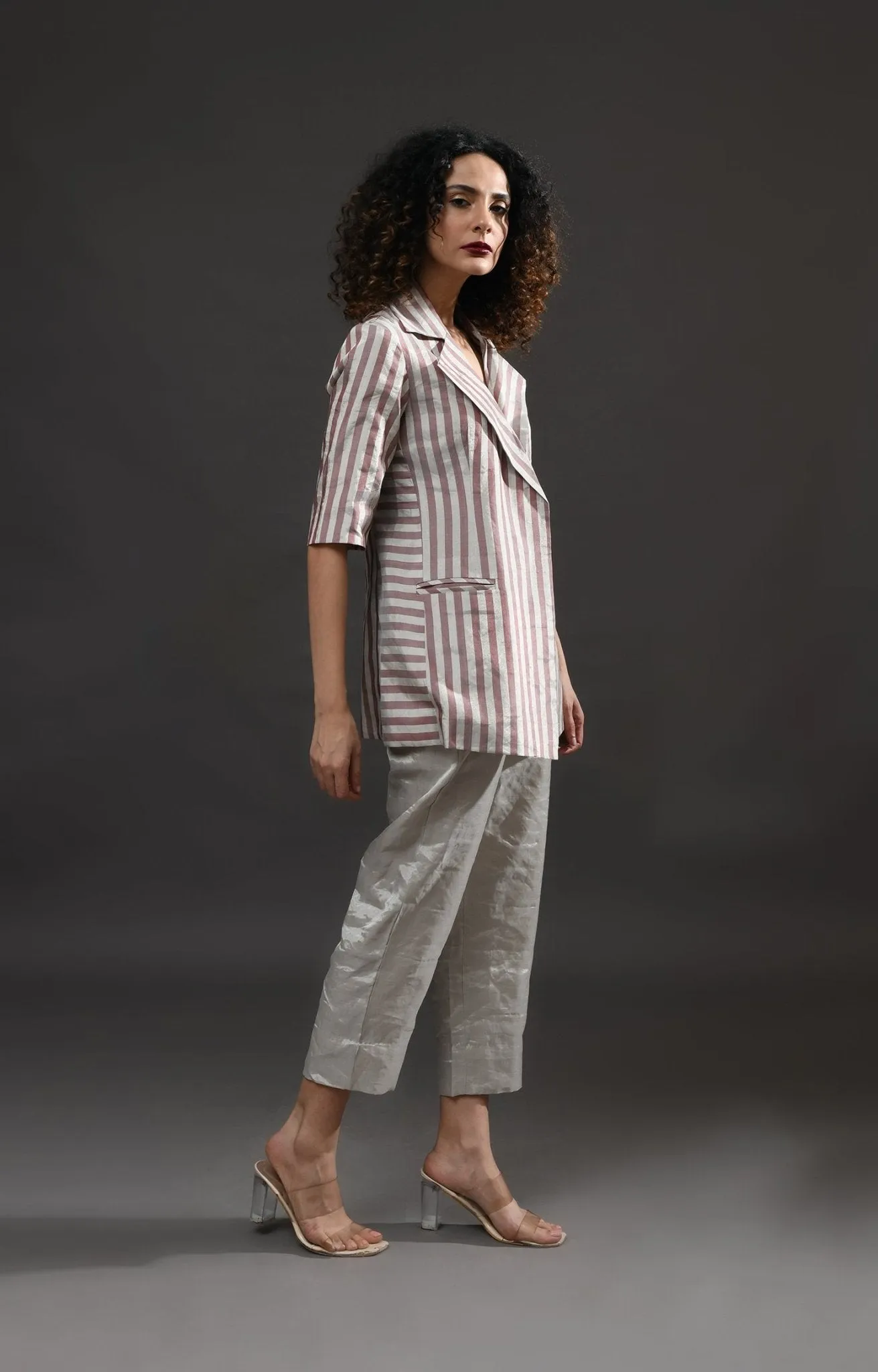 Striped Tissue Blazer - Silver and Pink