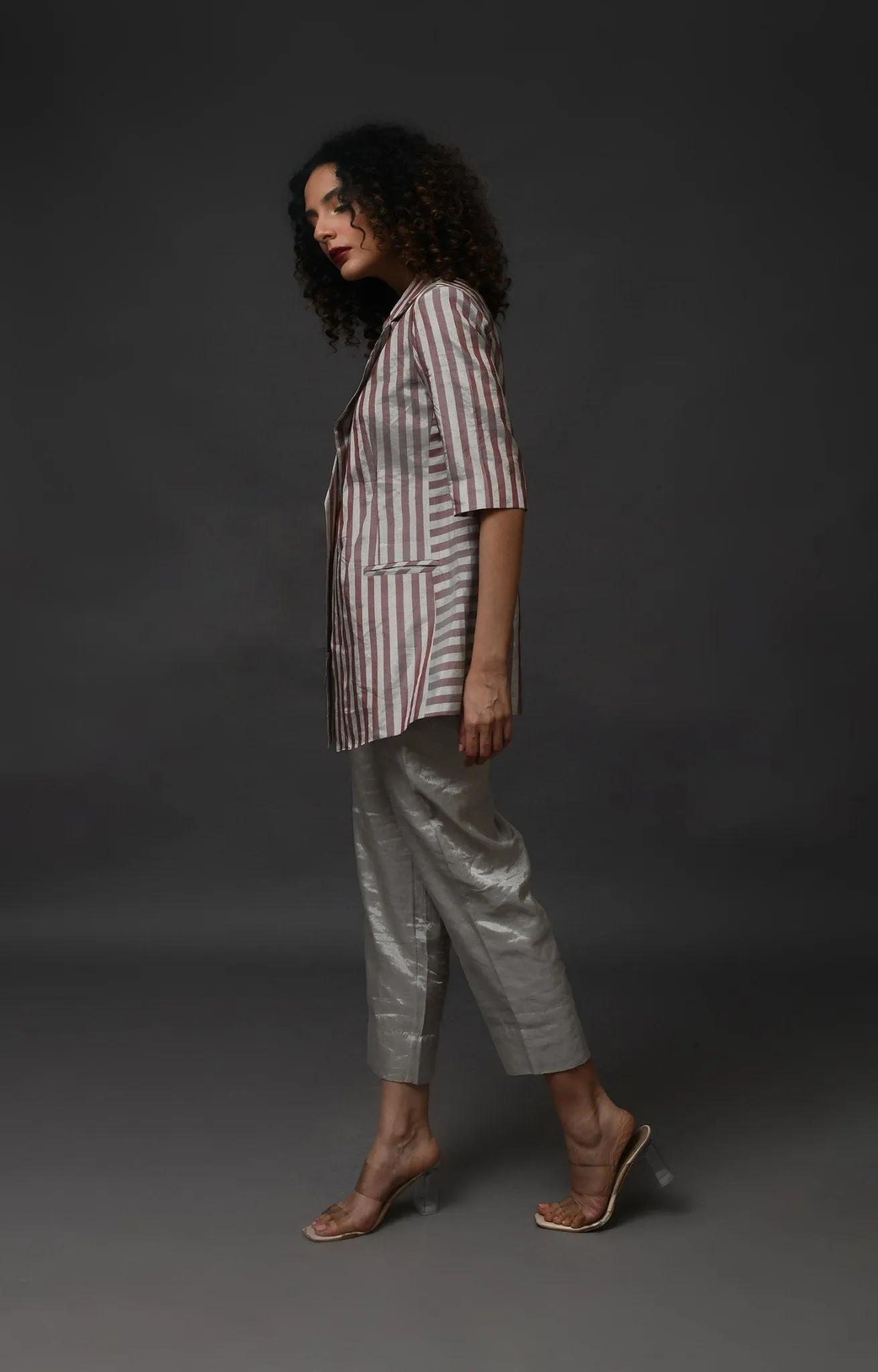 Striped Tissue Blazer - Silver and Pink