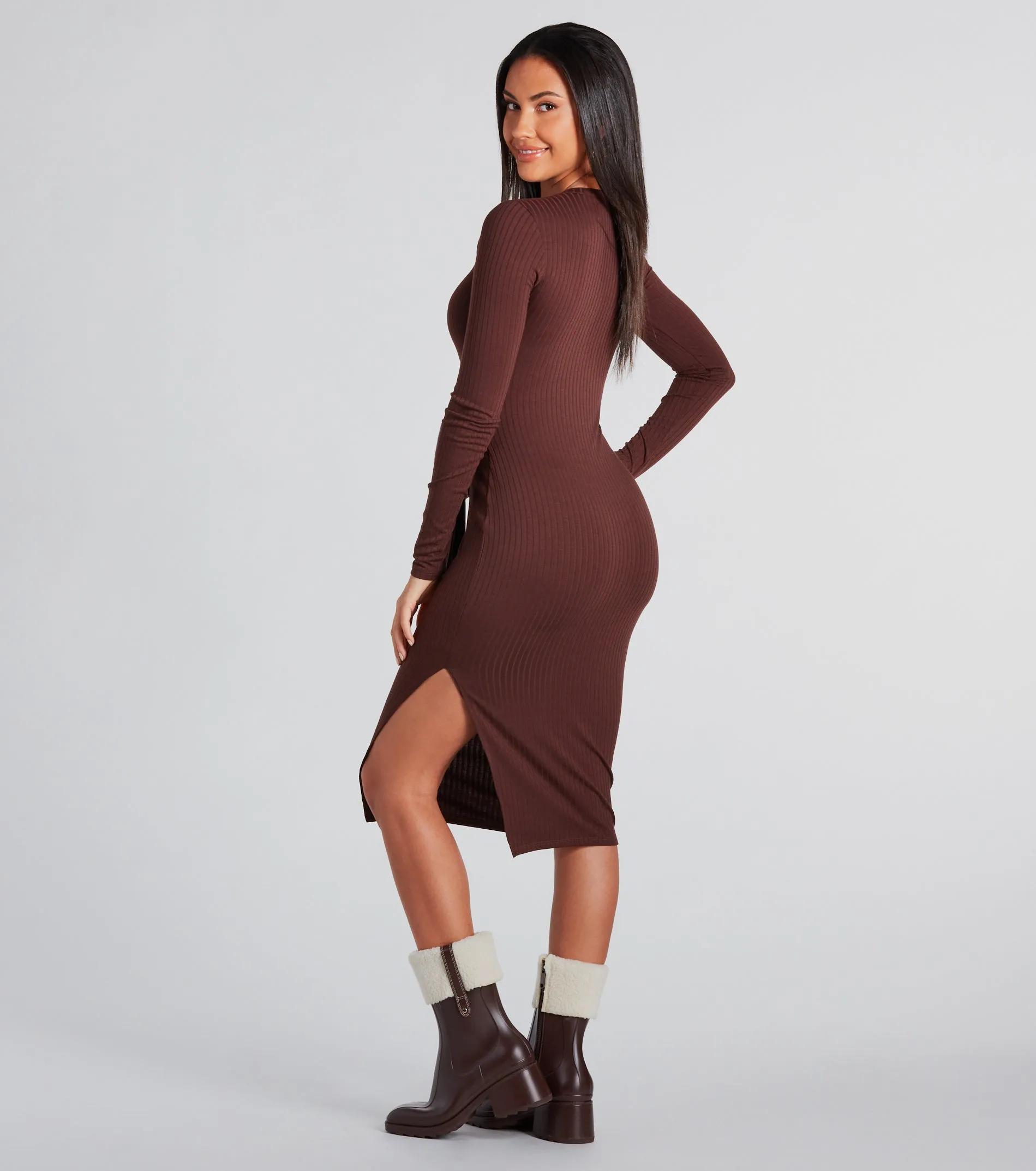 Stylish Staple Tie-Front Ribbed Knit Midi Dress
