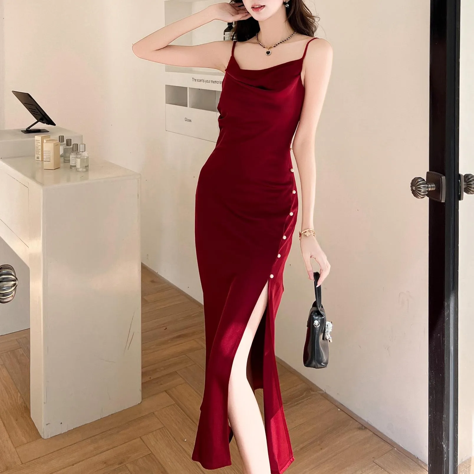 Stylish Women's Maxi Cami Dress Featuring Beaded Details