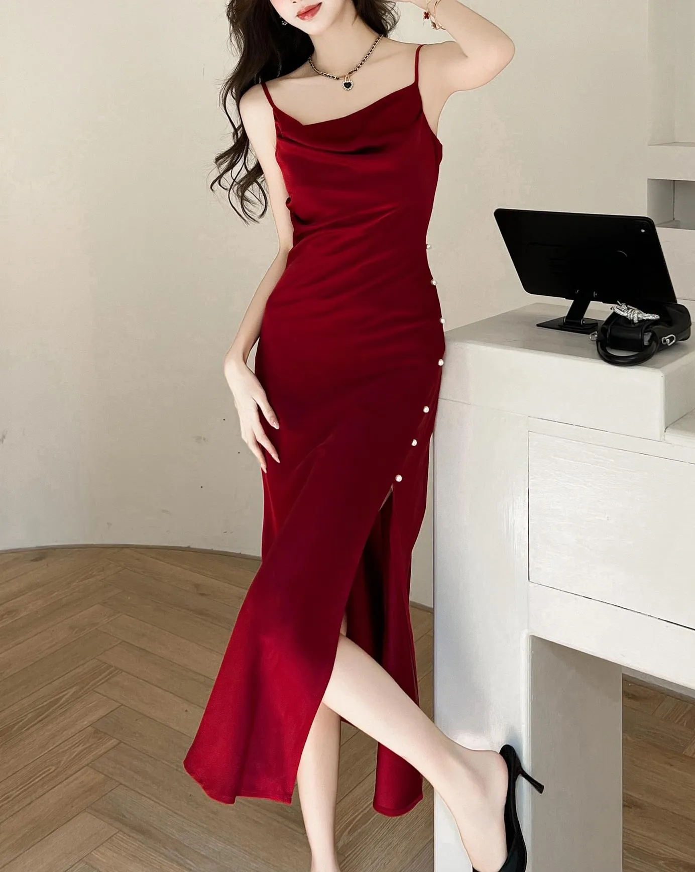 Stylish Women's Maxi Cami Dress Featuring Beaded Details