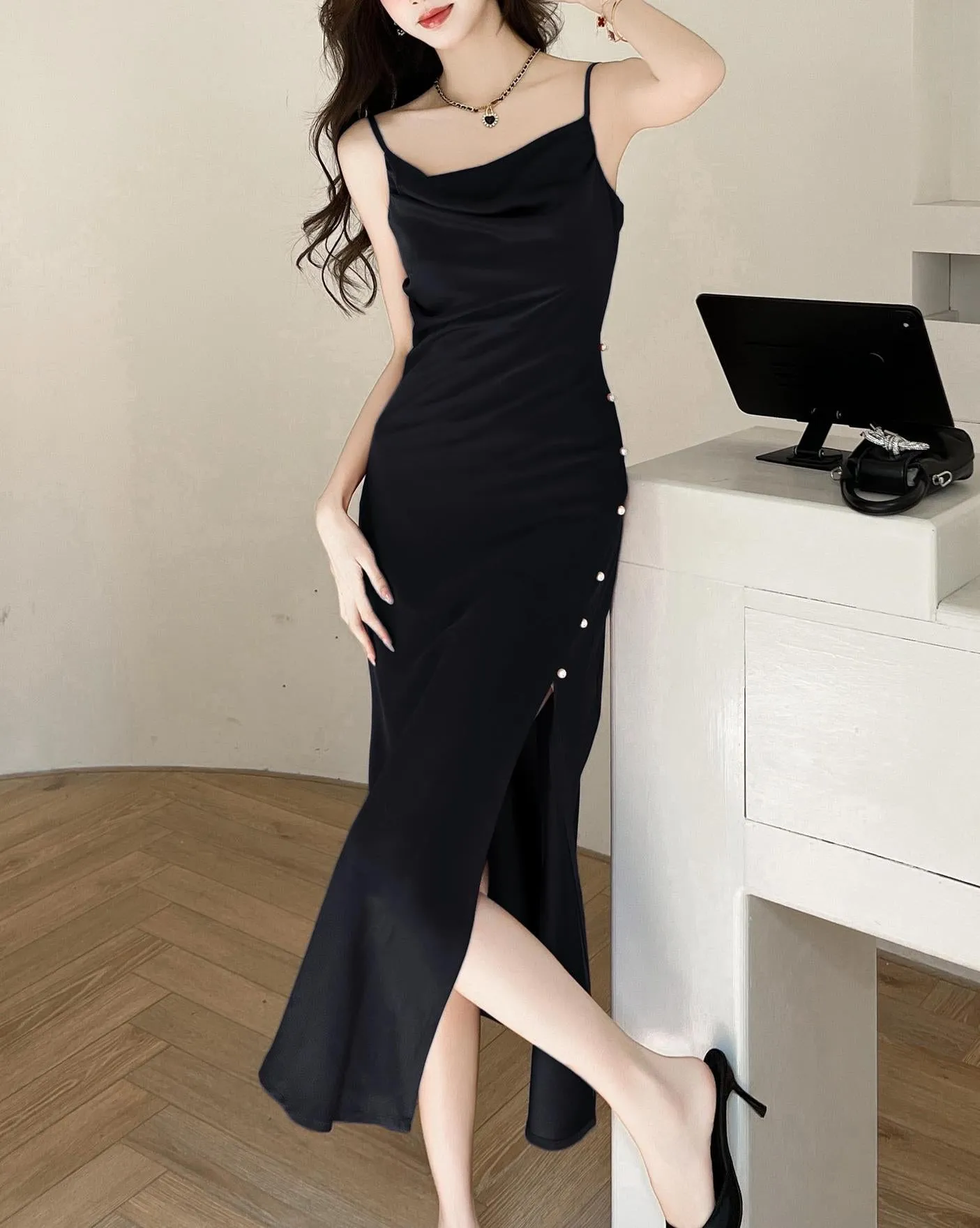 Stylish Women's Maxi Cami Dress Featuring Beaded Details