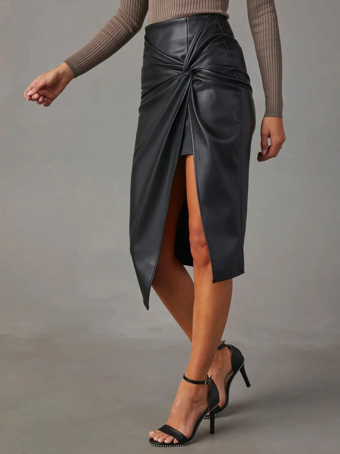 The Power Twist Skirt – High Waist Slit Midi for Modern Workwear