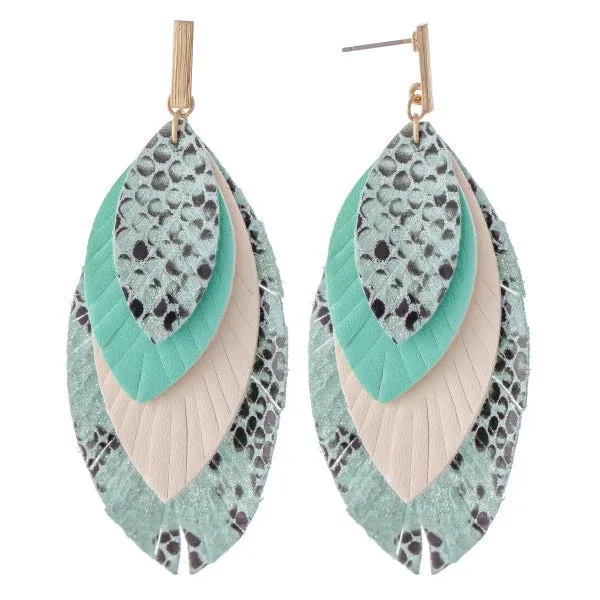 Three tone layered snakeskin teal feather earrings