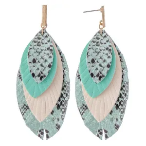 Three tone layered snakeskin teal feather earrings