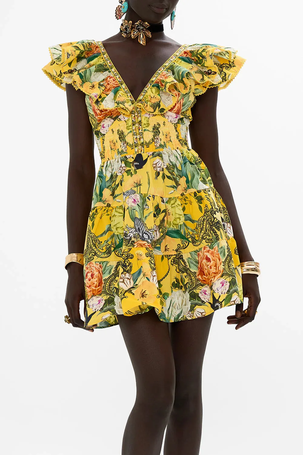 Tiered Short Dress With Neck Frill in Paths of Gold