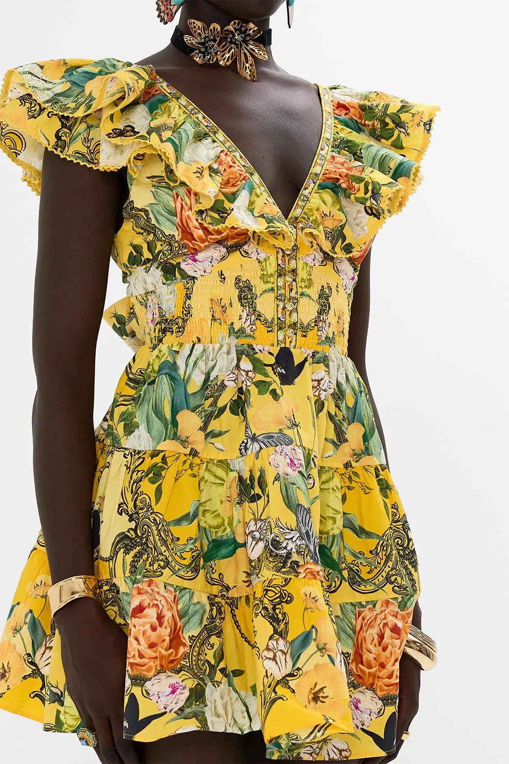 Tiered Short Dress With Neck Frill in Paths of Gold