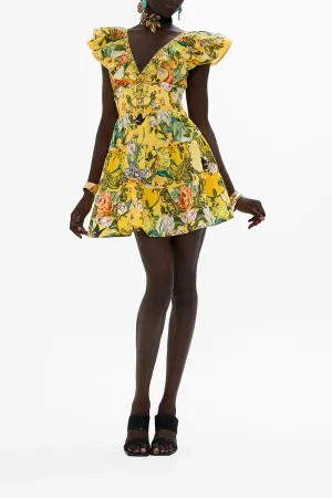 Tiered Short Dress With Neck Frill in Paths of Gold
