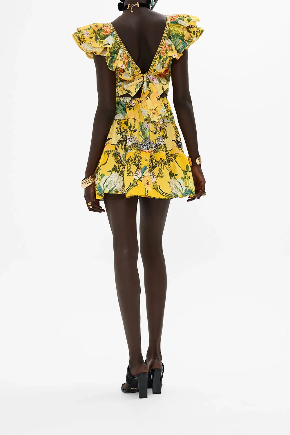 Tiered Short Dress With Neck Frill in Paths of Gold