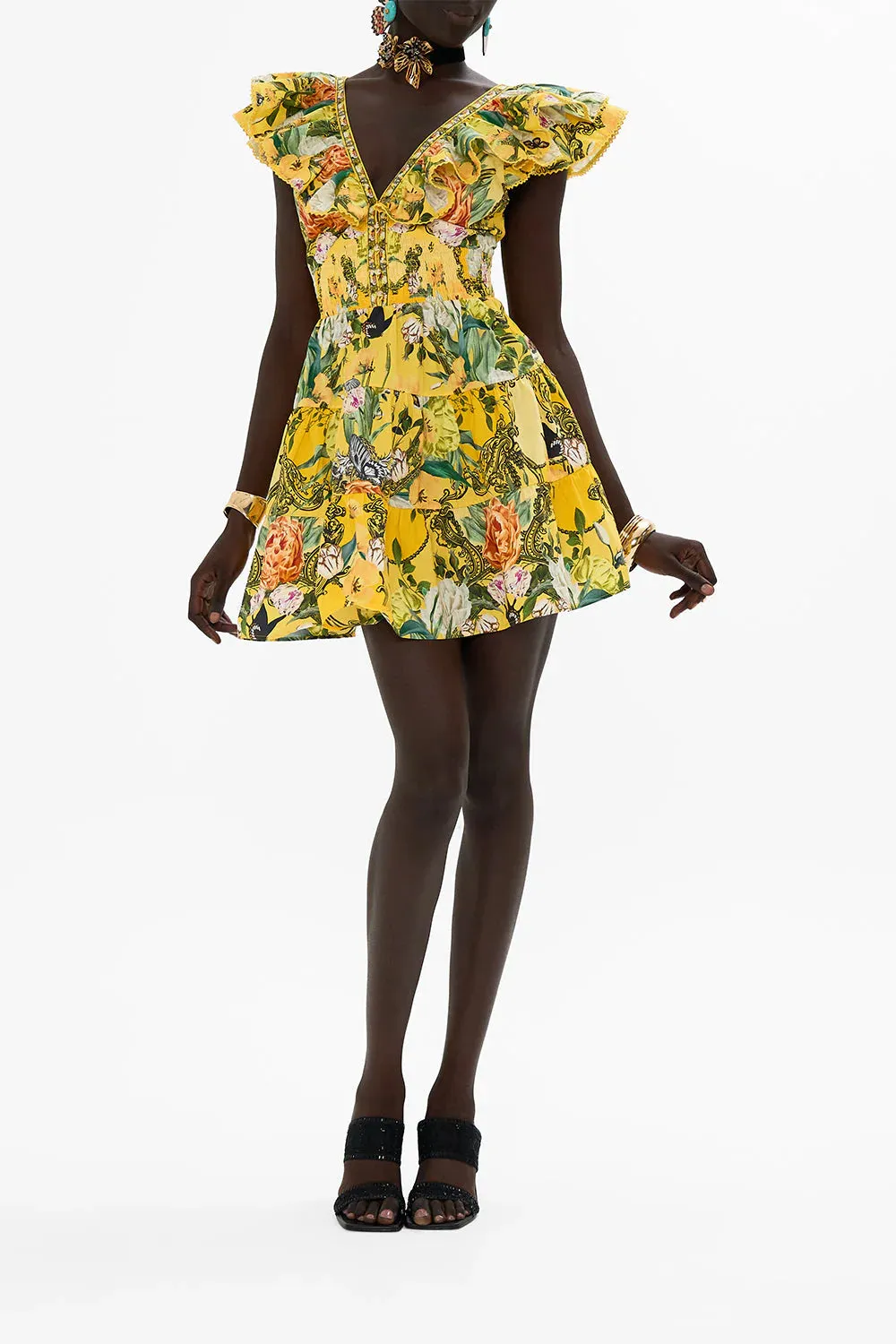 Tiered Short Dress With Neck Frill in Paths of Gold